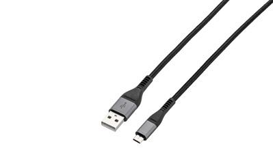 Black cable for charging and synchronization with Type - C, USB, Micro USB, Lightning connectors on a white background close-up
