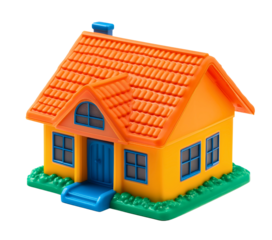 Isolated plastic toy house model, colorful miniature home on transparent background, small architectural design object, children plaything with roof walls, simple residential, blue, yellow, orange