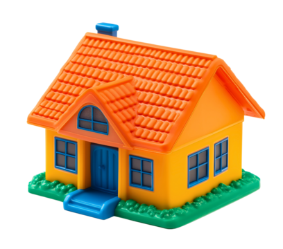 Isolated plastic toy house model, colorful miniature home on transparent background, small architectural design object, children plaything with roof walls, simple residential, blue, yellow, orange