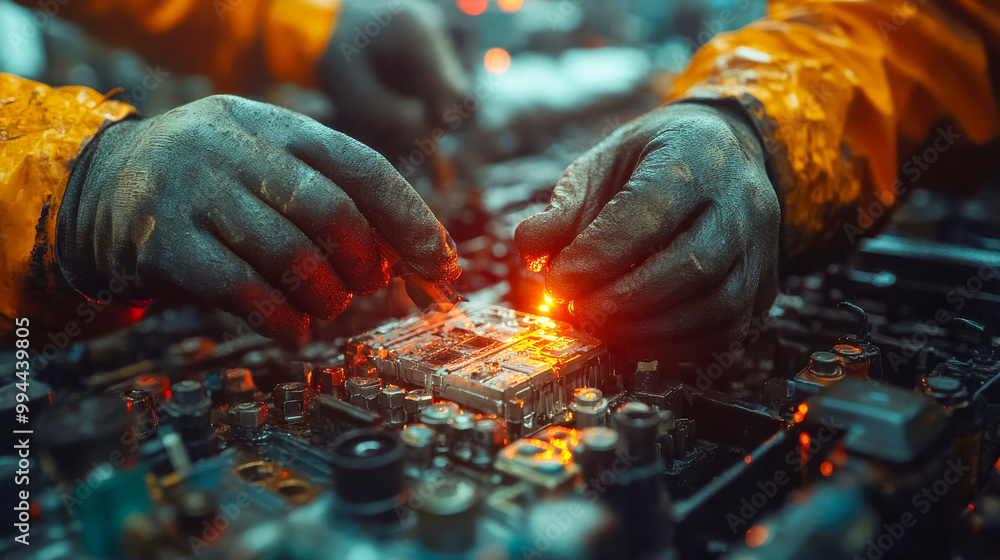 Poster close-up shot of a mechanic's hands working on an engine part, glowing with warm light, symbolizing 