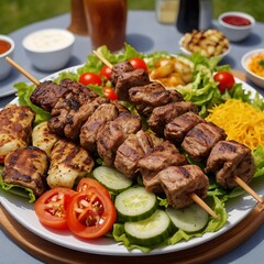 Delicious fresh Kebab assortment Served with some salad, grilled chicken skewers with a side of grilled vegetables, grilled kebab with couscous and vegetables