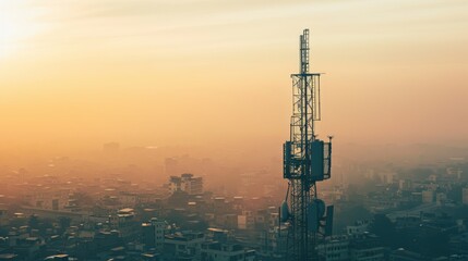 Obraz premium A solitary communication tower rises above a hazy city during a golden sunrise, casting a luminous glow over the urban scape.