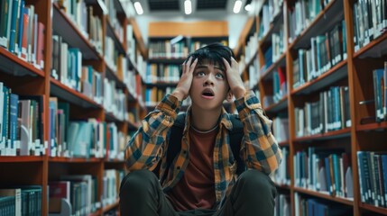 A student sits overwhelmed between library bookshelves, grasping their head in frustration as they face the pressures of study and learning.