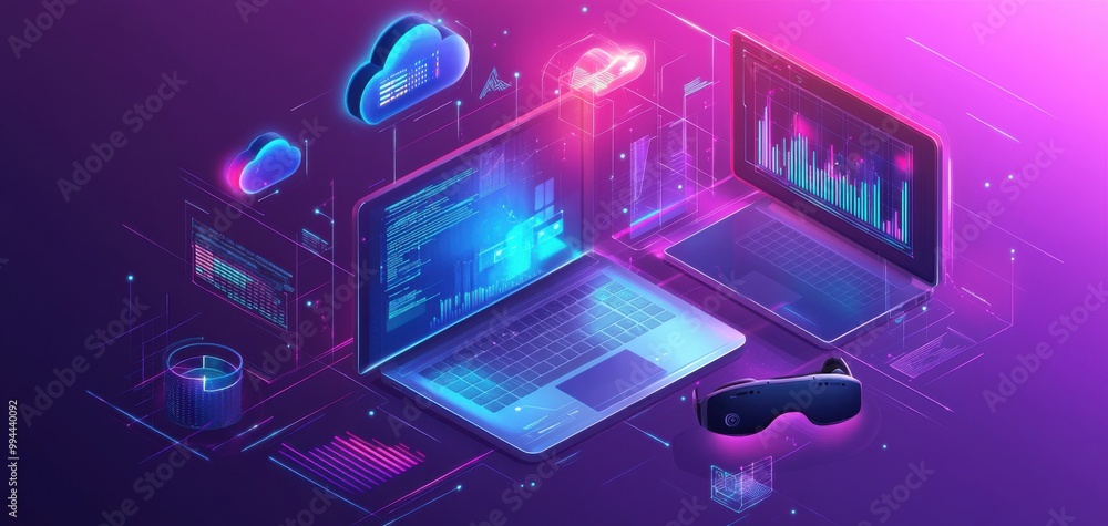 Aufkleber digital illustration depicting cloud computing with futuristic neon designs and data visualization