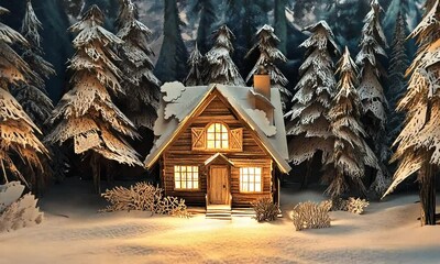 Winter Cabin In Snowy Forest