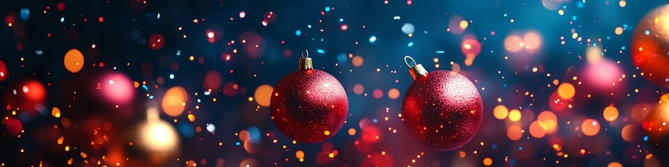 A Christmas scene with red ornaments and a blue background. The scene is full of bright colors and has a festive mood