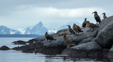 pelicans on the rocks
