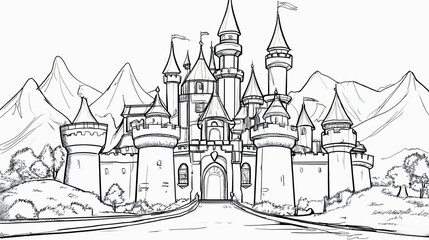 Fantasy castle coloring book page, royal palace outline drawing for children, medieval fortress illustration with towers and flags, fairytale kingdom sketch for preschool education