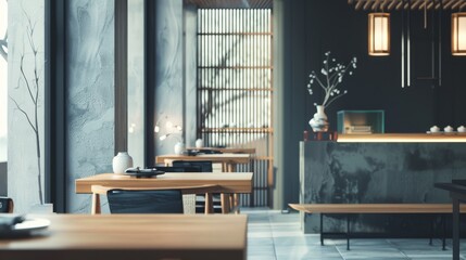 Elegant and serene Japanese-style restaurant with wooden furniture, soft lighting, and minimalist décor, exuding tranquility and a refined dining experience.