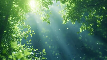 Fototapeta premium A lush green forest with sunlight shining through the leaves