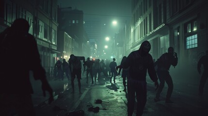 An eerie night scene featuring silhouetted figures resembling zombies walking through a dimly lit, deserted urban street.