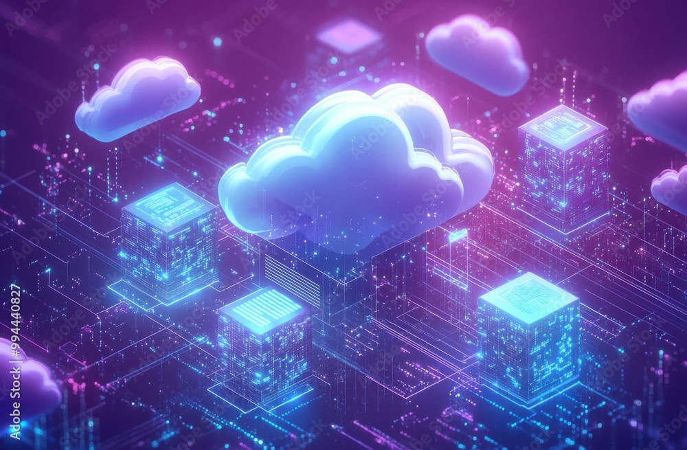 Poster futuristic digital illustration of cloud technology infrastructure with glowing servers and data flo