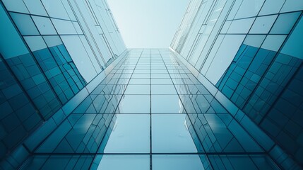 Upward view of tall, reflective glass skyscrapers reaching towards the sky, symbolizing modernity and progress in urban architecture.