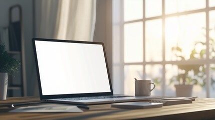 A sleek laptop glows on a wooden desk, surrounded by notes, a mug, and a plant in soft light.