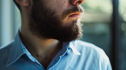Fototapeta premium A close-up of a bearded man wearing a blue shirt, partially captured from the side with a soft light illuminating his face.