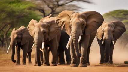 A line of six elephants walk in unison across a dusty savanna plain.