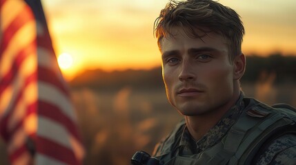 soldier standing proudly in front of the usa flag at sunrise symbolizing bravery and honor embodying the spirit of veterans day with a backdrop of hope and resilience