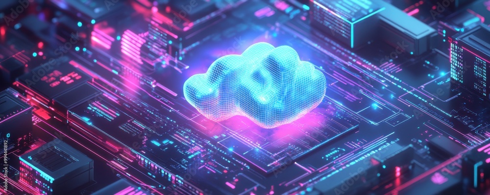 Poster digital illustration of cloud technology and data processing in a futuristic network environment wit