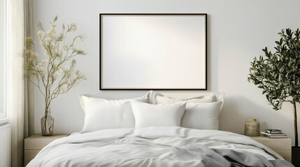 Modern bedroom interior with blank wall mockup for frame or poster, contemporary home decor with empty template above bed, stylish Scandinavian apartment design, 3D rendering of cozy living space