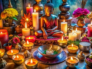 Serene Spiritual Worship Setting with Candles, Incense, and Meditative Elements for Inner Peace