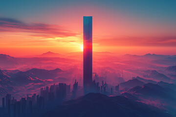 A skyscraper fading into the silhouette of a mountain, illustrating the harmony between urban development and natural beauty.
