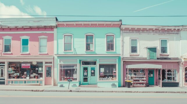 A row of charming pastel-painted storefronts lines a quaint small town street under a clear blue sky, evoking a sense of nostalgia and simplicity.