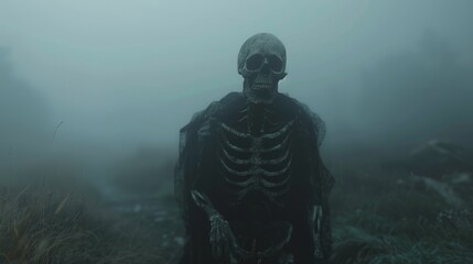 A skeletal figure shrouded in fog, creating an eerie and mysterious atmosphere in a desolate landscape.