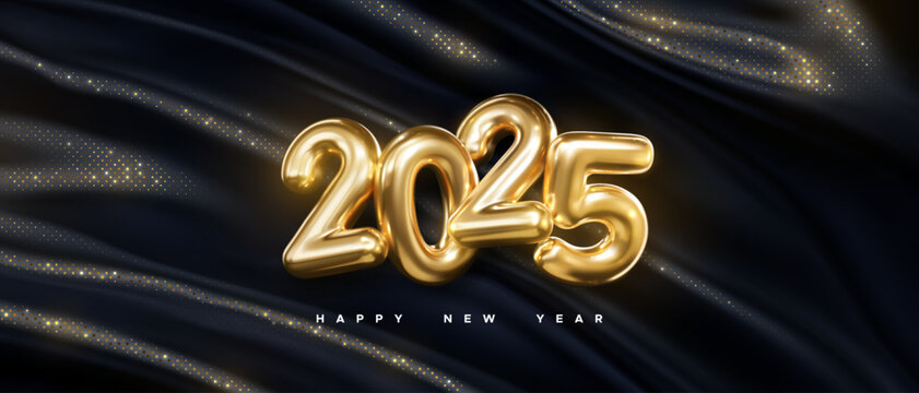 Happy New 2025 Year festive banner. 2025 golden metal sign. Vector holiday illustration. Gold numbers on black glittering fabric background