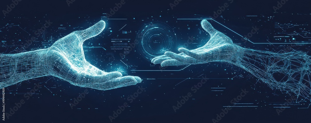 Poster digital illustration of two virtual hands reaching towards each other in a futuristic technology and