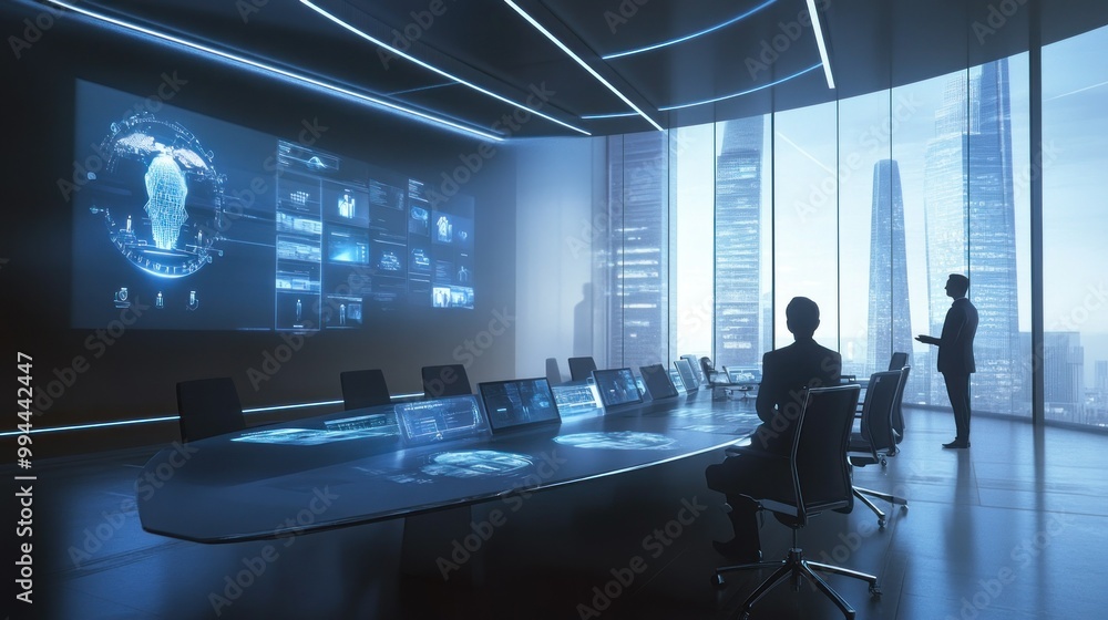Poster Two Businessmen in a Modern Office with a Large Screen Displaying Data and a City View