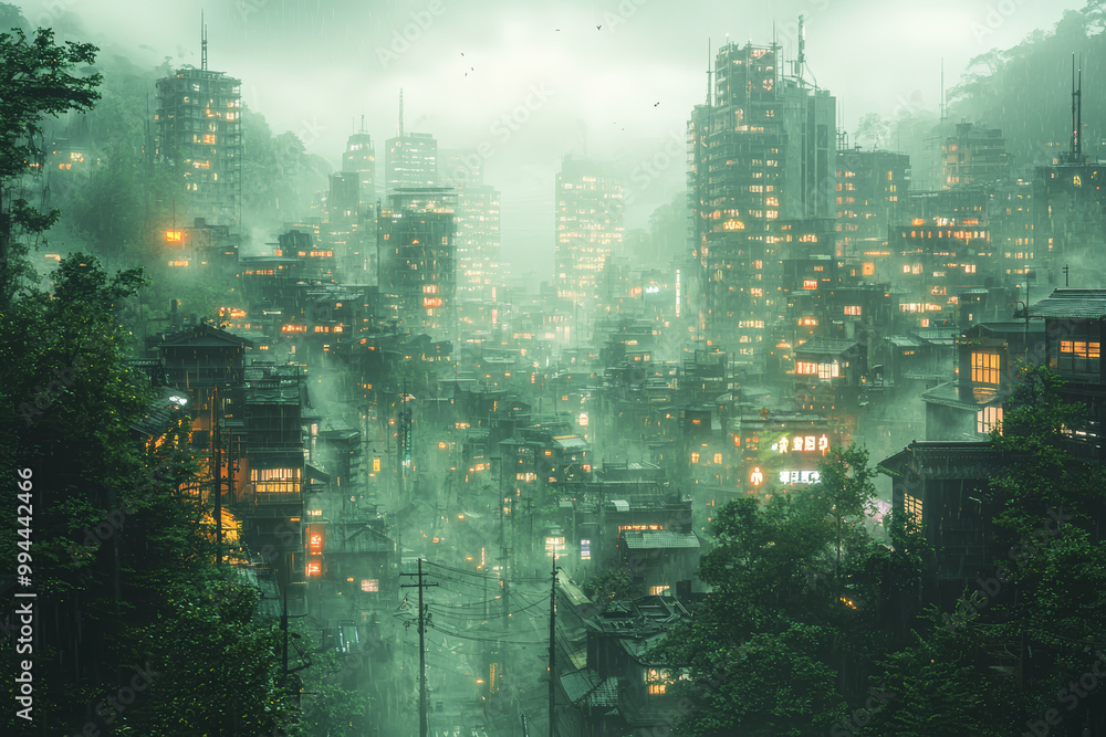 Poster a serene village scene gradually blending into a chaotic, futuristic cityscape, illustrating the evo