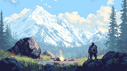 Solitary hiker with a backpack stands by a campfire in front of a majestic snow capped mountain