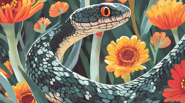 illustration, painting of  a snake happily playing in a field of flowers.