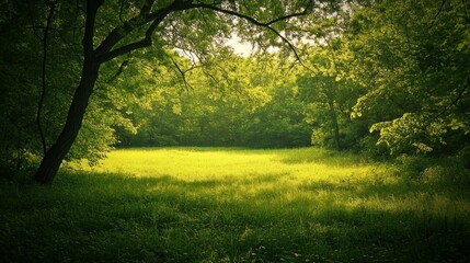 Sunlit Meadow Framed by Lush Green Trees in a Forest