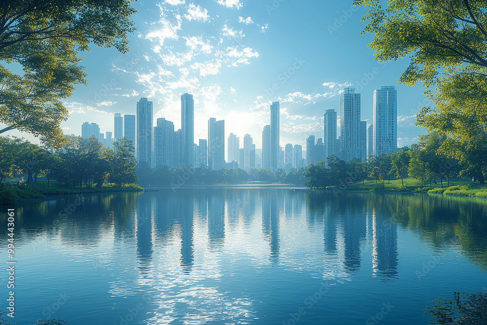 Poster A serene landscape of a tranquil lake seamlessly blending into a bustling cityscape, representing the contrast between peace and urban life.