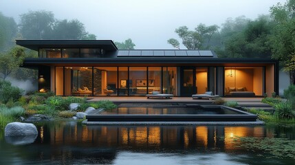 sustainable home featuring solar panels on the roof set against a serene landscape promoting ecofriendly energy solutions and modern living