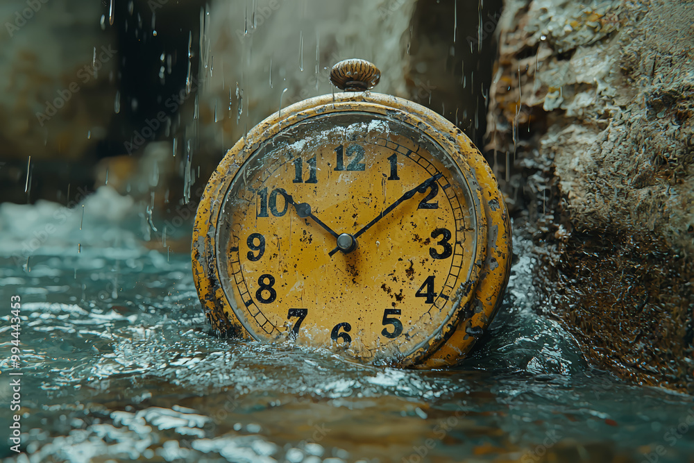 Poster a scene of a melting clock transitioning into a stream of flowing water, symbolizing the fluidity of