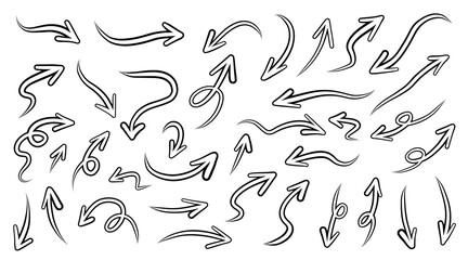 Hand drawn arrows collection Set simple flat arrows isolated on white background. Arrow mark icons and arrow paint. Stock vector. EPS10.