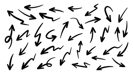 Hand drawn arrows collection Set simple flat arrows isolated on white background. Arrow mark icons and arrow paint. Stock vector. EPS10.