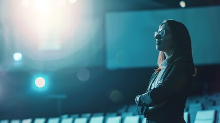 A confident woman stands in an empty auditorium, ready to deliver her speech, with bright lights casting a professional and motivational ambiance.