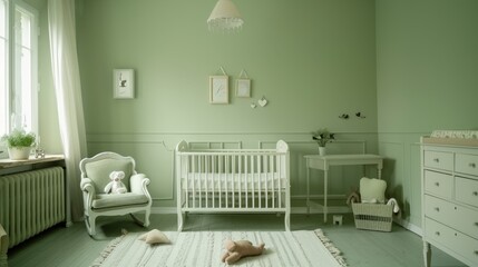 Fototapeta premium A charming nursery in soft green tones featuring a crib, cozy chair, and playful decor, radiating a sense of calm, comfort, and warmth.