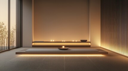 A minimalist meditation room with a tatami floor, a single low table, and wall recesses for candles The space is designed to enhance tranquility and focus, with minimal external distractions