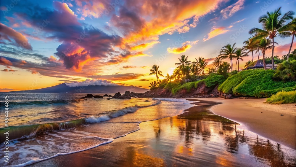 Poster Serene Wailea Beach at Sunset with Gentle Waves and Lush Tropical Surroundings in Maui, Hawaii