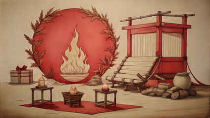 "Traditional festive sleigh and fire with red holiday decorations"