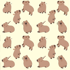 Seamless pattern featuring a cute cartoon capybara on a white background. Fabric or wrapping paper design, wallpaper