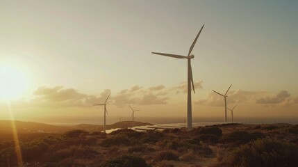 Obraz premium Wind turbines stand tall against a dusky sky, harnessing renewable energy amidst a scenic landscape.