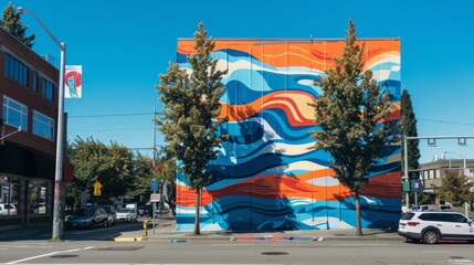 Fototapeta premium A vibrant mural of swirling waves and colors adorns a modern building facade, flanked by trees under a clear blue sky.