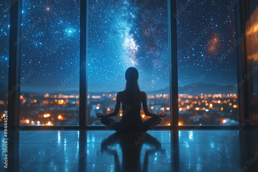 Poster a person sitting in a meditation pose in front of a window with a view of a starry night, symbolizin