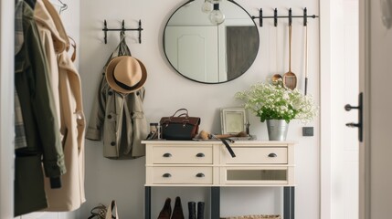 An inviting entryway featuring a wooden console table, a round mirror, plants, and neatly arranged accessories, creating a welcoming and stylish first impression.