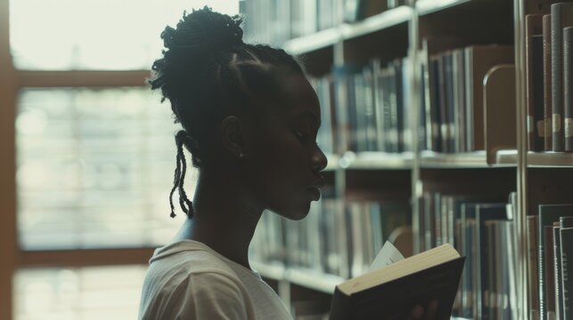 In a dim-lit library, a reader thoughtfully selects a book, surrounded by shelves filled with literary treasures, basking in a quiet, reflective moment.